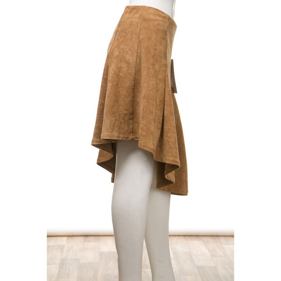 Women's Casual Pleated Suede Solid High Low Midi Skirt Tan Size S,M,L - Picture 5 of 14